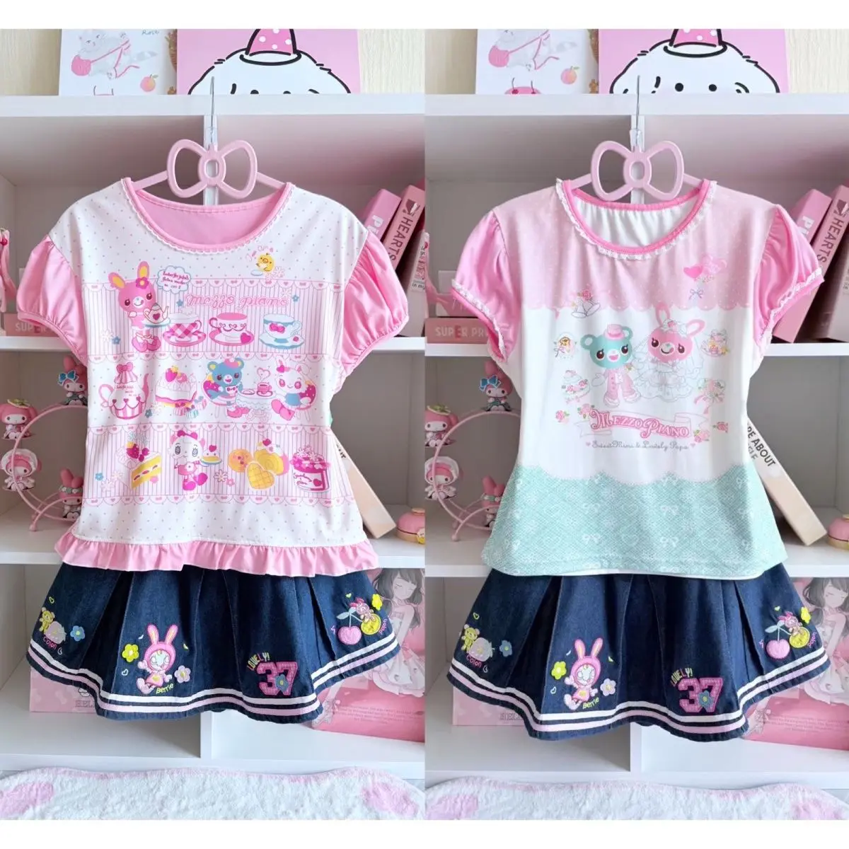 

Пышная футболка с короткими рукавами и принтом японского мультфильма Mp + плиссированная джинсовая мини-юбка с вышивкой, комплекты из двух предметов, женские наряды