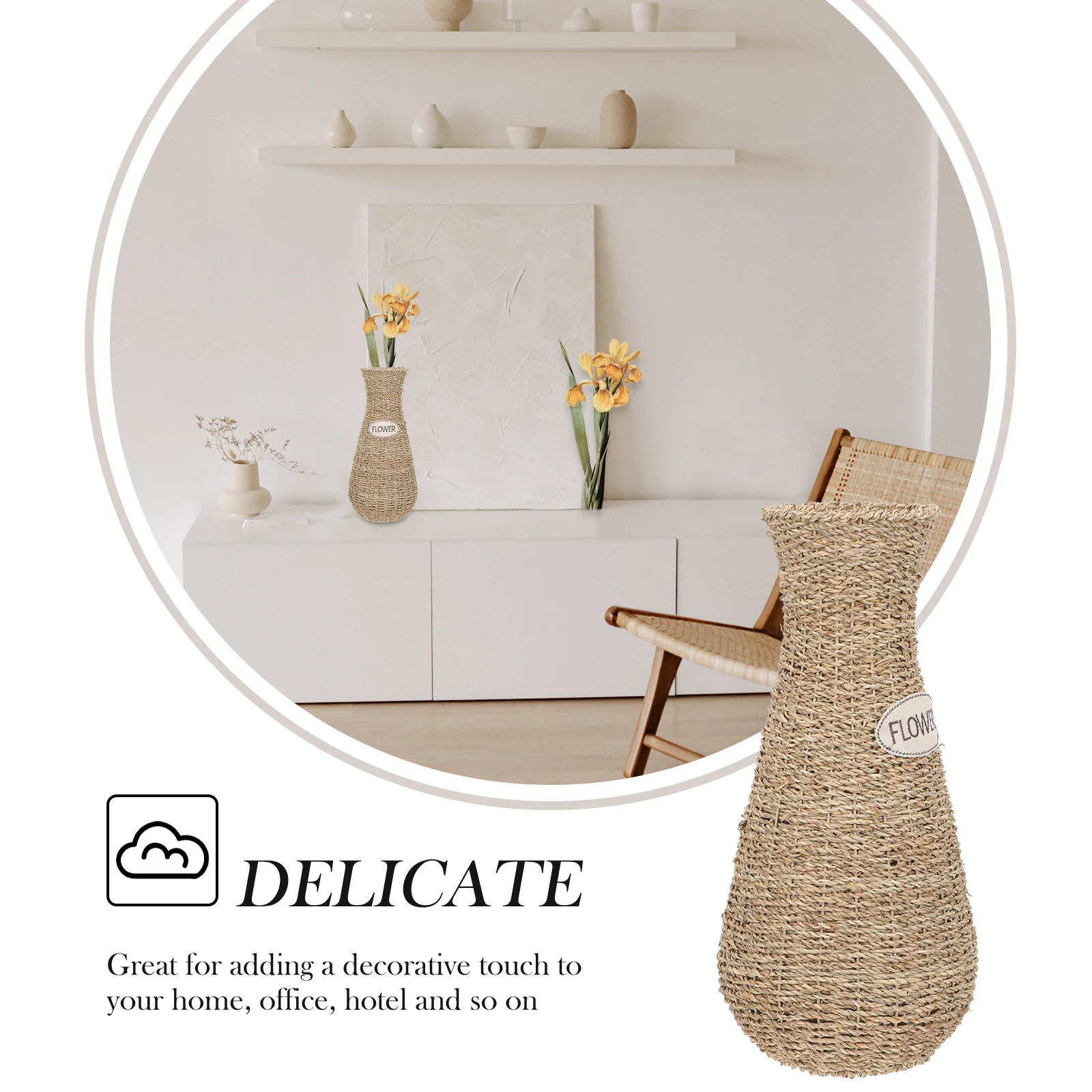 

Decorative Woven Flower Vase Exquisite Crafted Rattan Container for Home Office Window Sill Table Top Arrangement