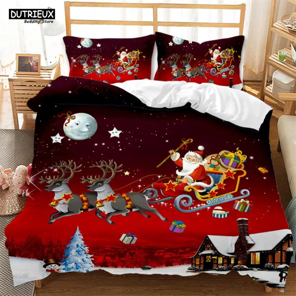 

Christmas Santa Duvet Cover Set Winter Theme Cartoon Bedding Set Microfiber Santa Claus Elk Carriage Comforter Cover Girl Boy