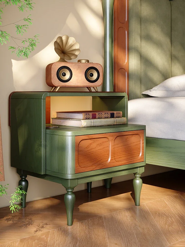 Solid wood bedside table French retro style bedroom bedside table Small apartment design sense Medium antique locker Storage