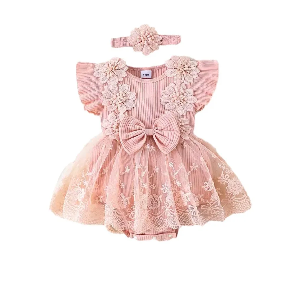 

Cotton Baby Girl Princess Dress Bowknot Lace Mesh Toddle Petti Skirt Short Sleeve Sweet Infant Dress with Headband Birthday