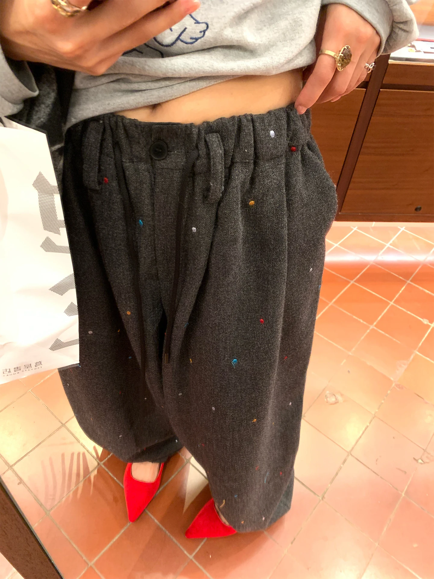 

Loose Casual ey Woolen Pants Women's High Waist Wide Leg Pants Embroidered Trousers Autumn Winter Comfortable Loose Fit