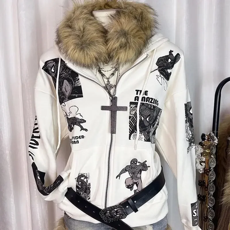 High Street trend Anime print hoodie Women Harajuku Gothic Fashion warm collar Jacket Retro streetwear zipper sweatshirt