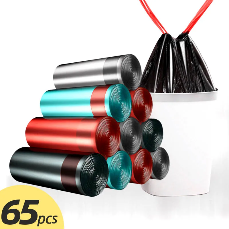 

65pcs Automatic closing storage bag drawstring garbage bag home kitchen portable thickened plastic bag