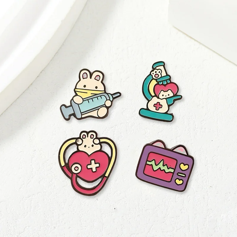 Lovely Medical Theme Metal Brooch Cartoon Bunny Nurse Heart ECG Modeling Enamel Badge Pin for DIY Clothing Bag Hat Scarf T-shirt