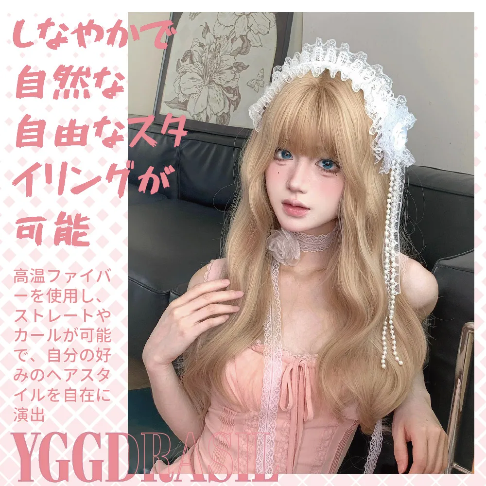 26 Polegada loira lolita estilo perucas sintéticas com franja longo ondulado peruca de cabelo para uso diário feminino cosplay drag queen resistente ao calor