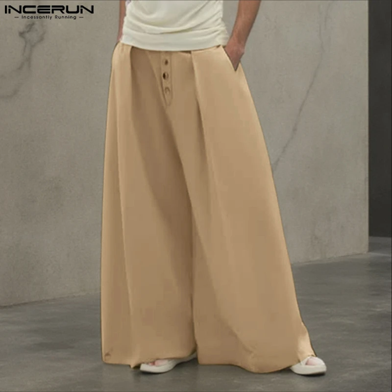

INCERUN Men Wide Leg Pants Solid Color Joggers Loose Elastic Waist Trousers Men Streetwear 2025 Fashion Casual Long Pants S-5XL