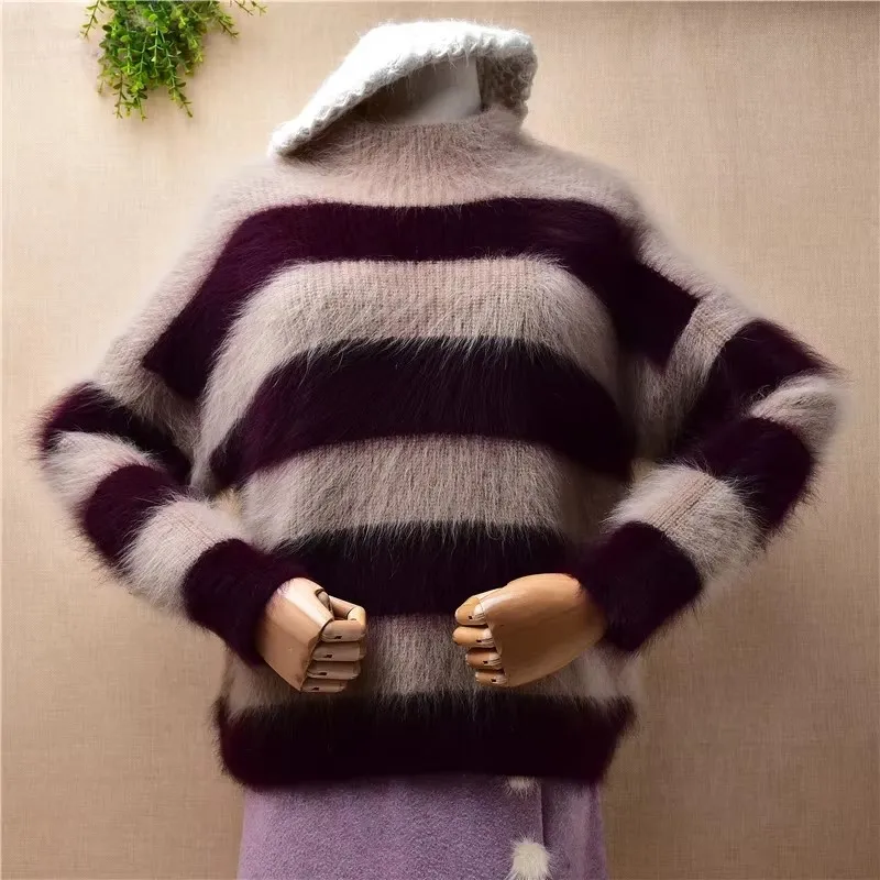 

04 Ladies Women Fall Winter Clothing Hairy Striped Angora Rabbit Hair Knitted Turtleneck Loose Pullover Jumper Sweater Pull Tops
