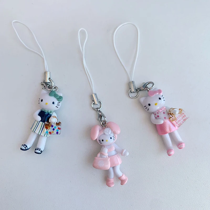 Sanrio Rabbit HelloKitty Beaded Phone Chain Cute and Versatile Strawberry Head Kitty Pendant Keychain Backpack Decorative Gifts