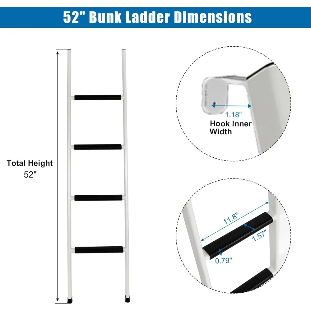 Escada de beliche antiderrapante para RV, escada de beliche de aço resistente integrada de 52 polegadas com almofadas de borracha antiderrapantes e ganchos - branca