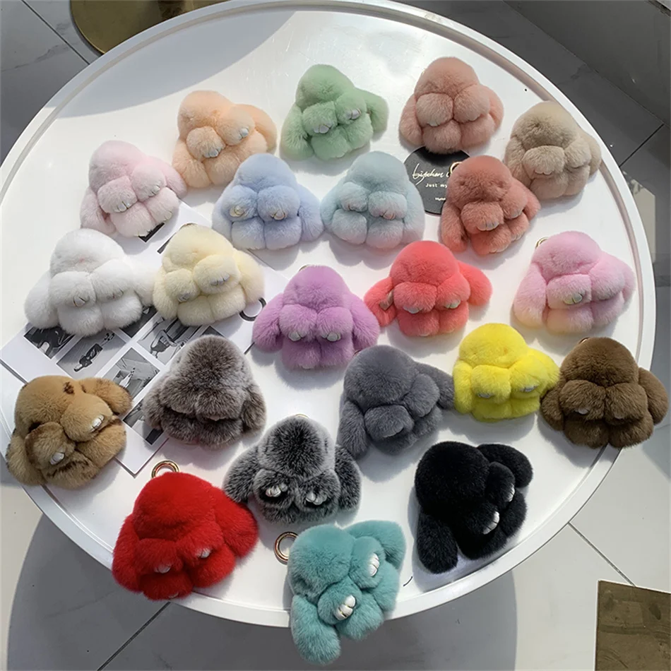 100% Natural Rex Rabbit Fur Cute Fluffy Bunny Keychain Real Fur Key Chains Bag Toys Doll Lovely Keyring Pendant