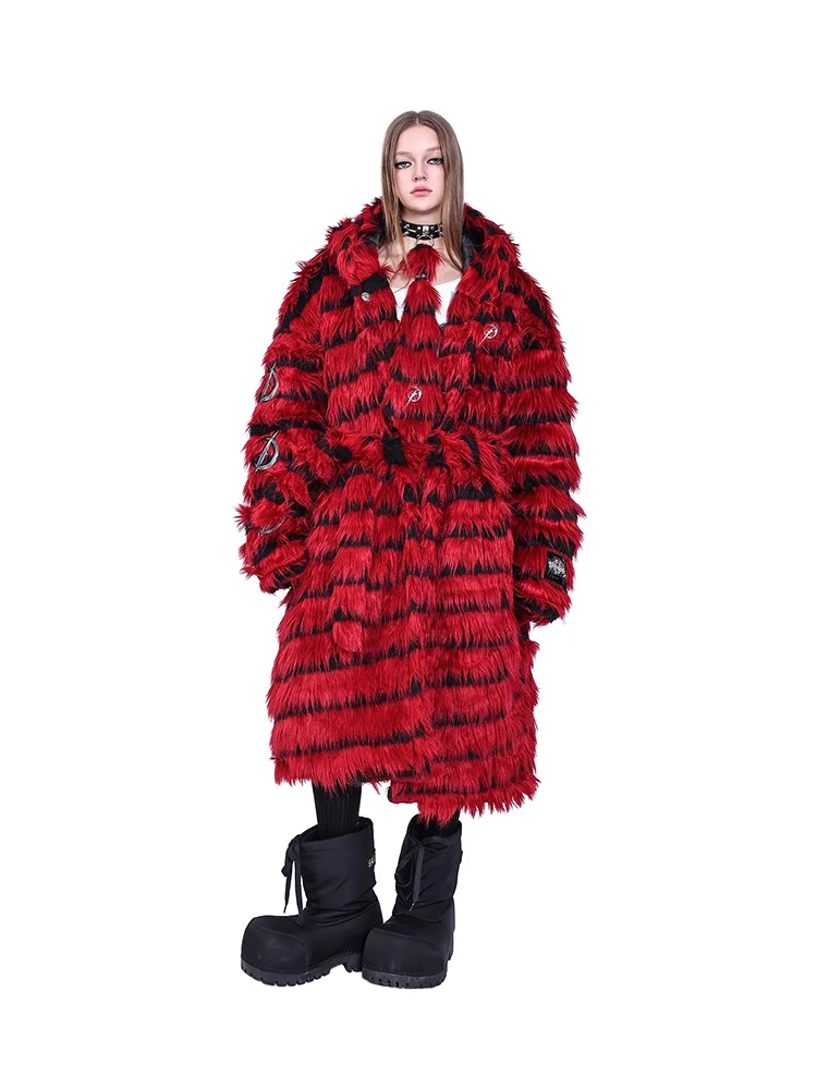 

Nerazzurri Winter Long Oversized Striped Fluffy Warm Faux Fur Coat Women with Hood Colorful Furry Overcoat Runway Fashion 2025