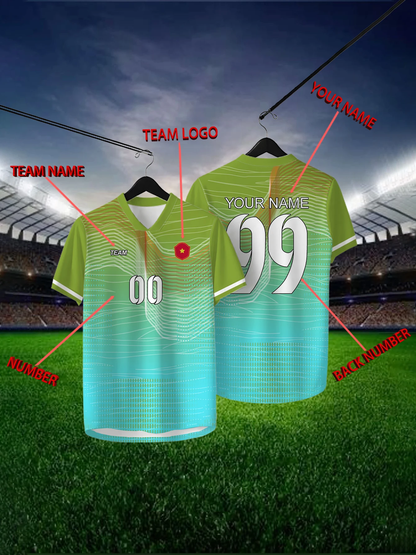 

Customized Geometric Blue Short Sleeved Shirt with Team Name, Emblem, Name and Number, Outdoor Sports Short Sleeved T-shirt