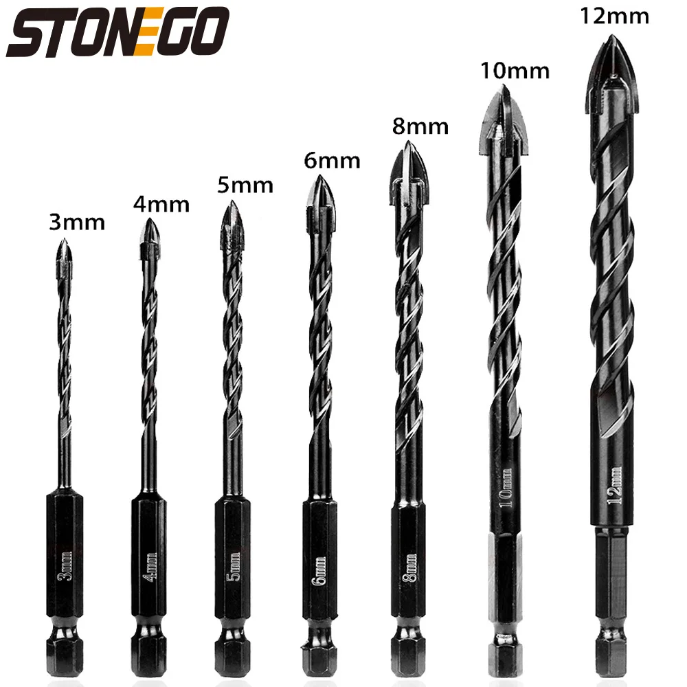 

STONEGO Hard Alloy Cross Hex Tile Bits Set - 7PCS/10PCS Hole Openers for Wood, Glass, Porcelain Tile & Concrete