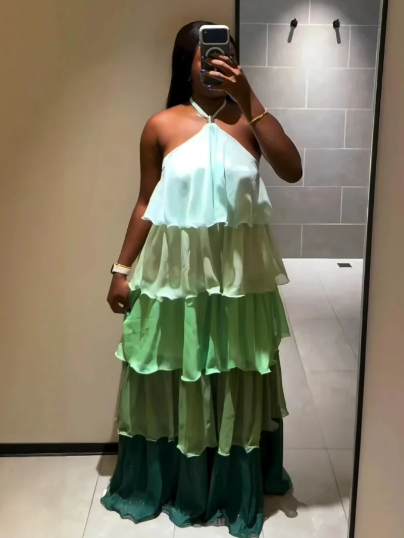 Fashion Colorblock Cake Dress Summer Clothes Women Sleeveless Backless Halter Maxi Long Dresses Holiday Evening Party Club Dress