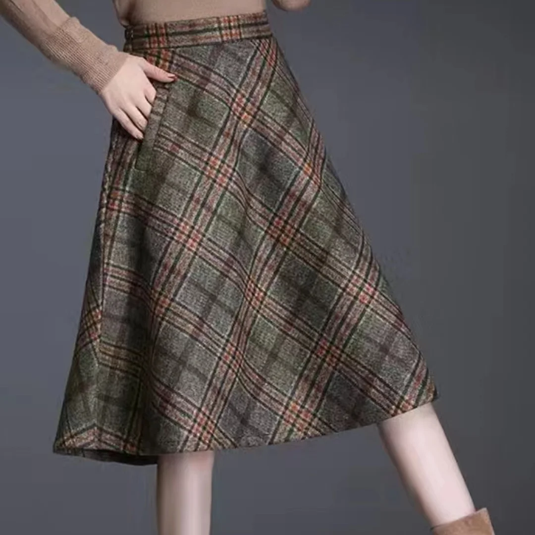 Fashion Plaid Thick A-line Skirt Women Clothing All-match Printing Elastic Waist Skirt Ladies Elegant Vintage Loose Trend Skirts