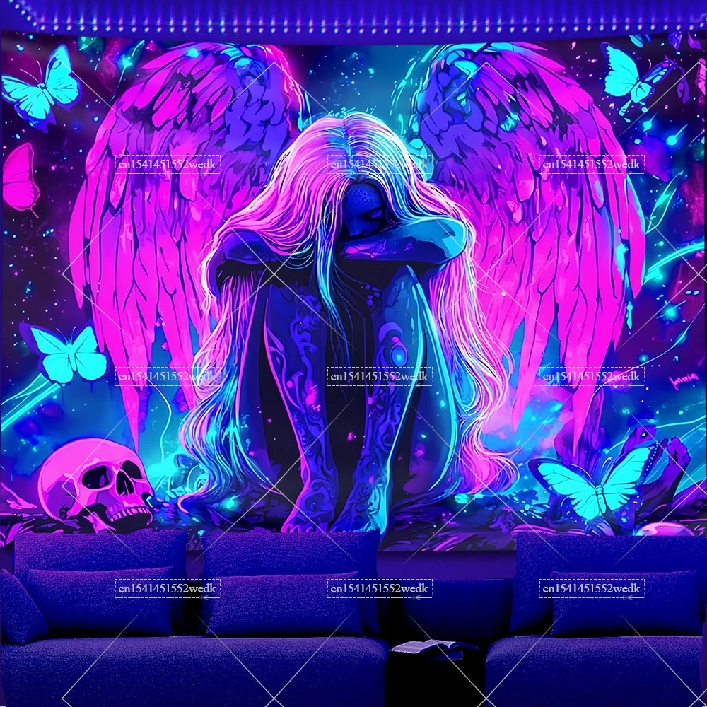 Blacklight Tapestry Wing Glow In The Dark UV Reactive Skull Girl Black Light Neon Tapestrys Aesthetic Fluorescent Tapestries
