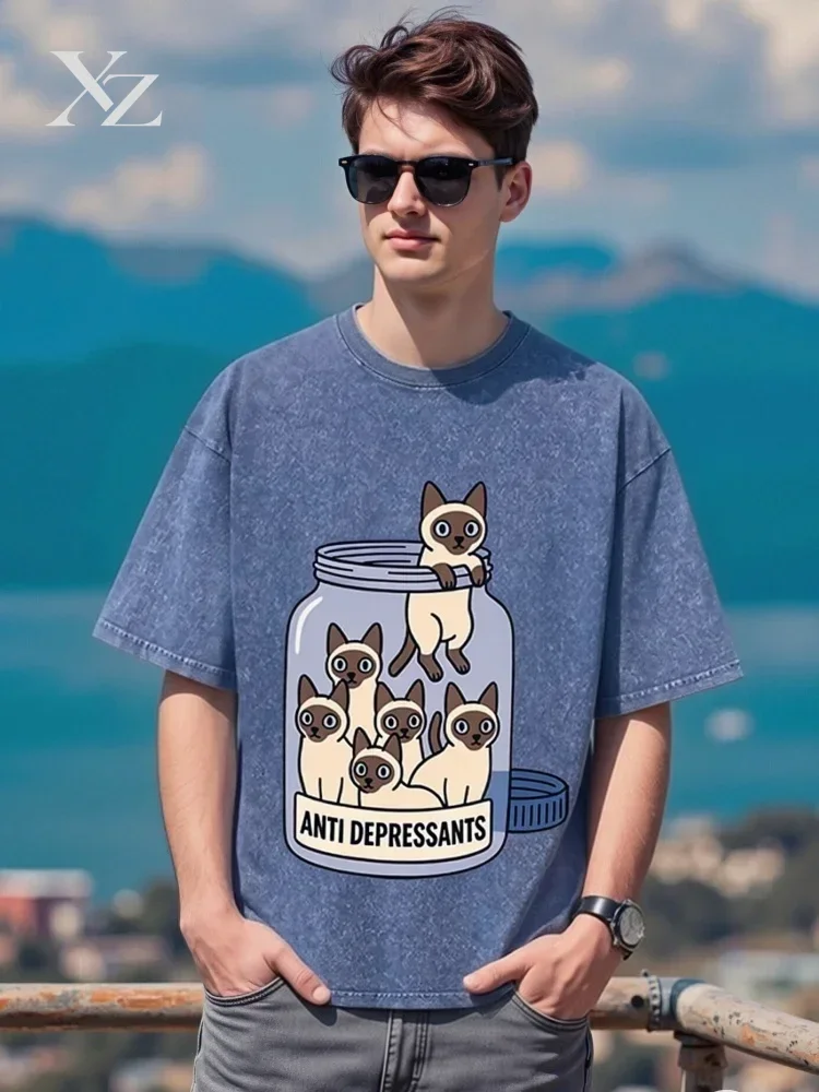 Cute Siamese Washed Acid T-Shirt Men's 2026 Summer Holiday Short Sleeve O-neck Harajuku Hip Hop Tees Casual Loose Tunics
