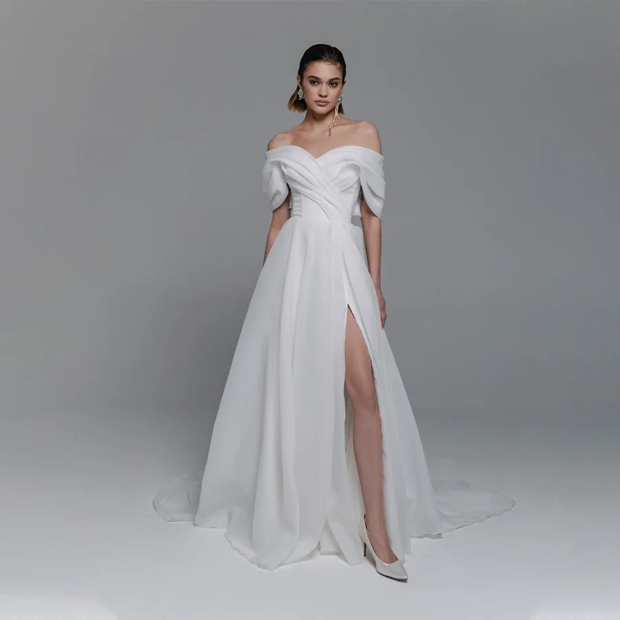 

Customized Ethereal Pleated Wedding Dress Off-the-Shoulder Straps Sensational Bridal Gown Split Design Wateau Train