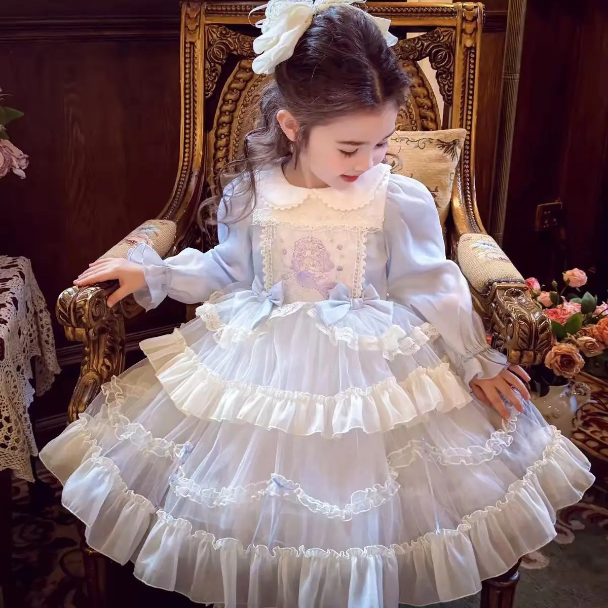 Girl's Blue Palace Style Lolita Dress Spring and Autumn New Style Children's Multi layer Mesh Puff Skirt Princess Dress