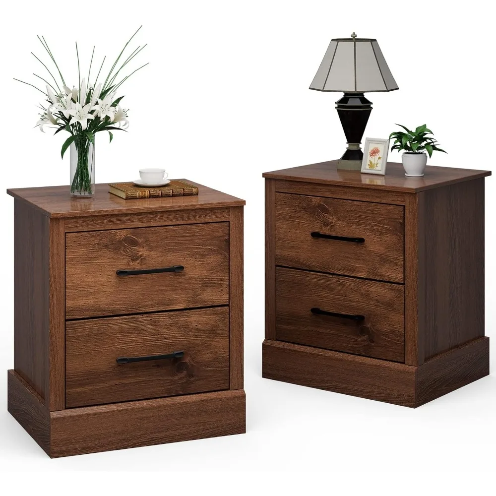 

pair of wooden farmhouse-style nightstands with dual drawers and compact design in walnut finish