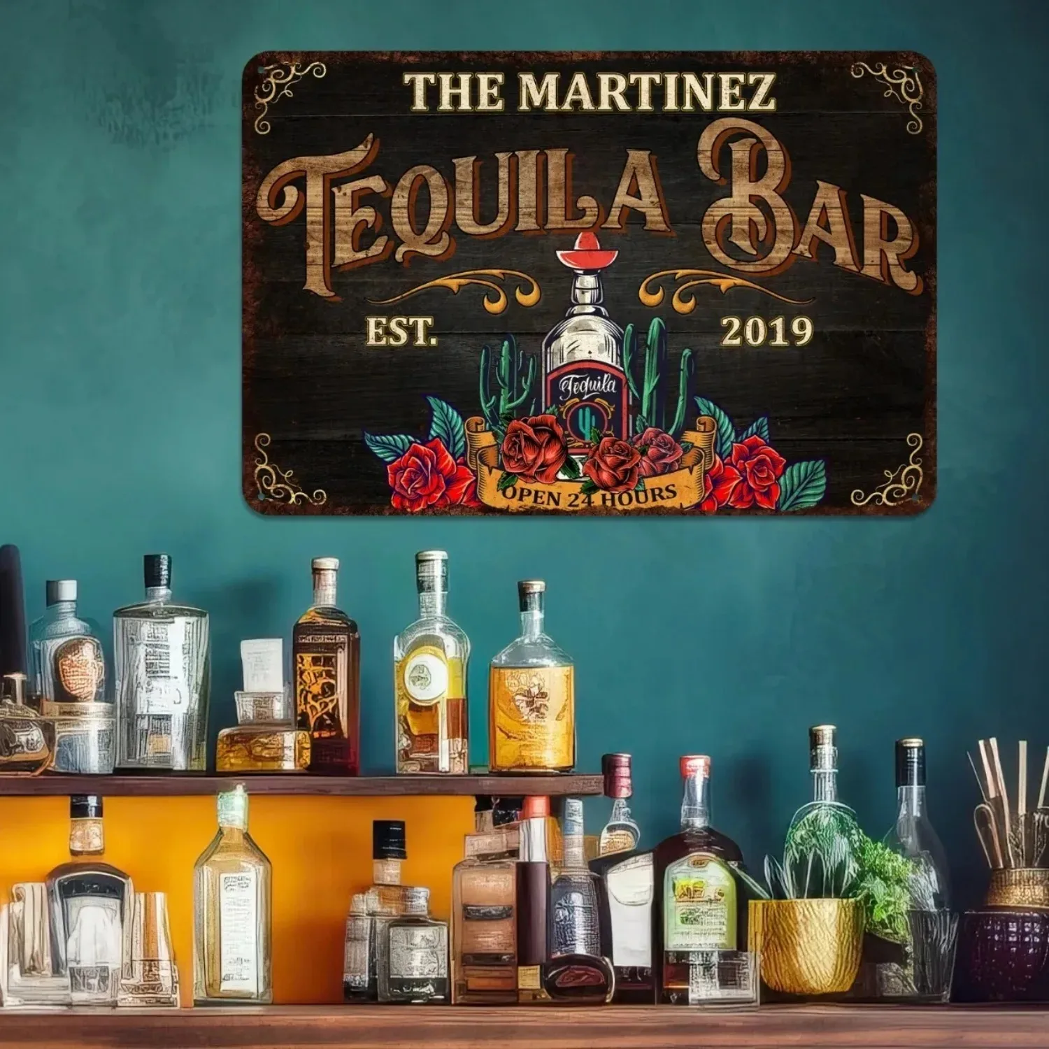 CIFbuy Customizable Tequila Cantina Metal Wall Sign, Personalized Text Waterproof Dustproof Home Bar Wall Art Ornament