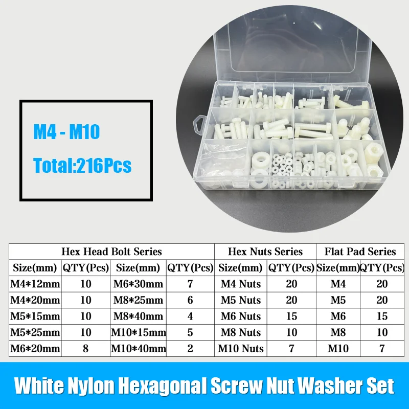 216 teile/satz weiße Nylon Sechs kant schraube Mutter Unter leg scheibe Set metrisch Gewinde Sechs kant schraube Kunststoff isolierte Schraube m4 m5 m6 m8 m10 – Detail 2