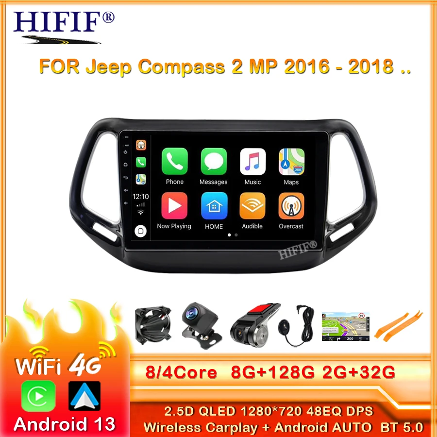 Android 13 9 inci, untuk Jeep Compass 2016 - 2019 Radio mobil RDS IPS DSP 128G pemutar Multimedia navigasi GPS Stereo Carplay