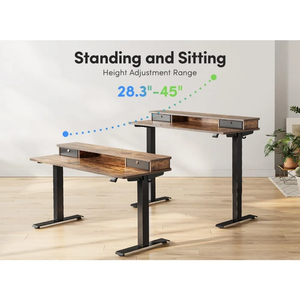 Height Adjustable Electric Standing Desk with Double Drawer, Storage Shelf, Sit Stand Table, Rustic Brown, Office Computer Desk