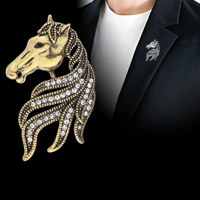 Animal Horse Brooch Men's Suit Shirt Corsage Lapel Pin Badge Clothing Brooches for Women Accessories Retro High-grade Crystal