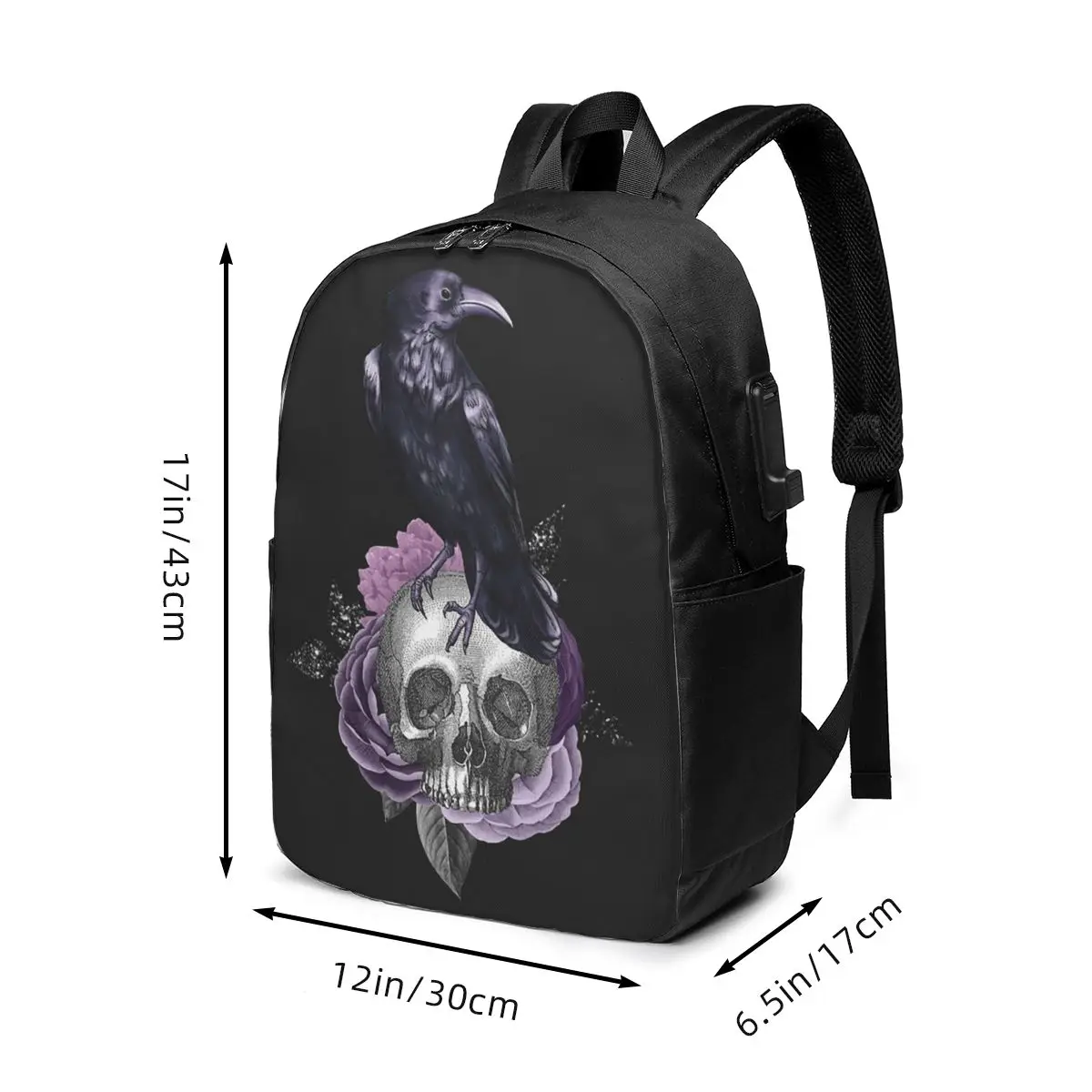 Gothic Skull Crow Roses Backpack Travel Notebook Bag Computer College Student School Bag Laptop Shoulder Bags for Men Women
