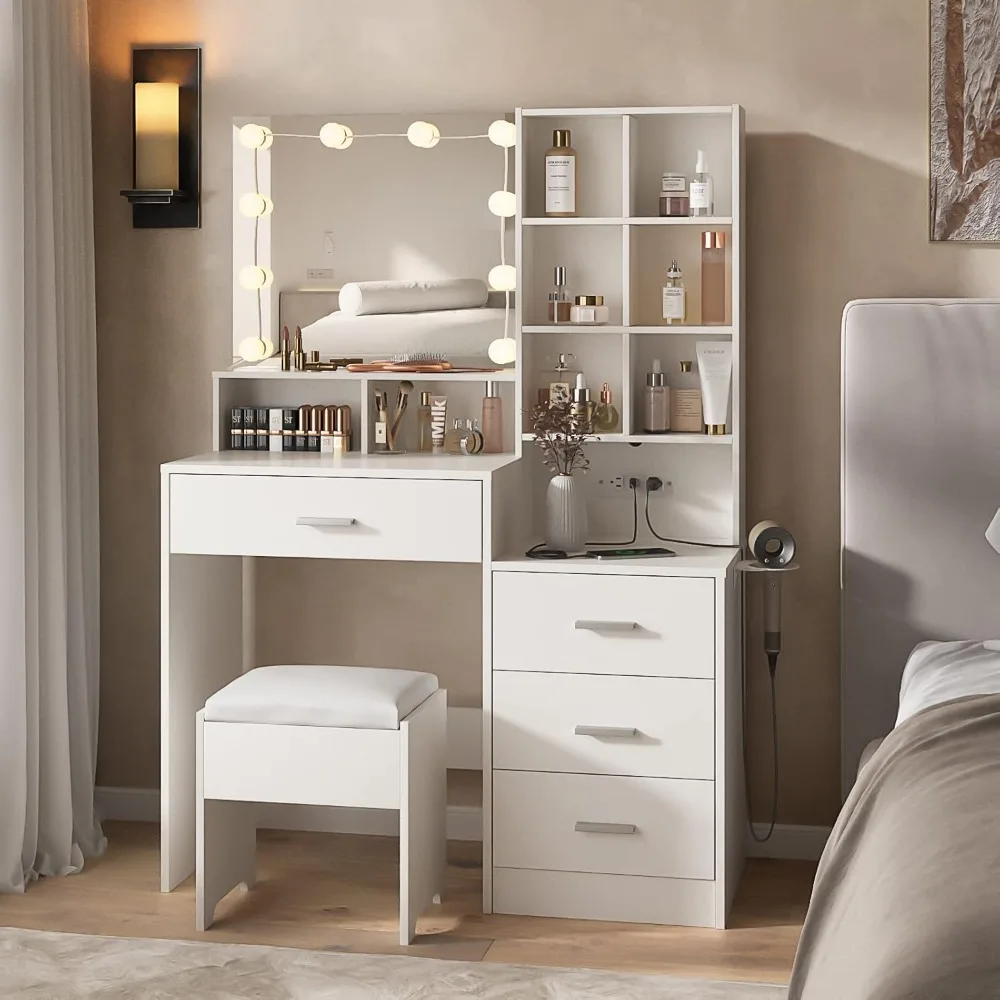 White Vanity Desk with Mirror and Lights, Makeup Vanity Table with Charging Station, 3 Lighting Modes Brightness Adjusta