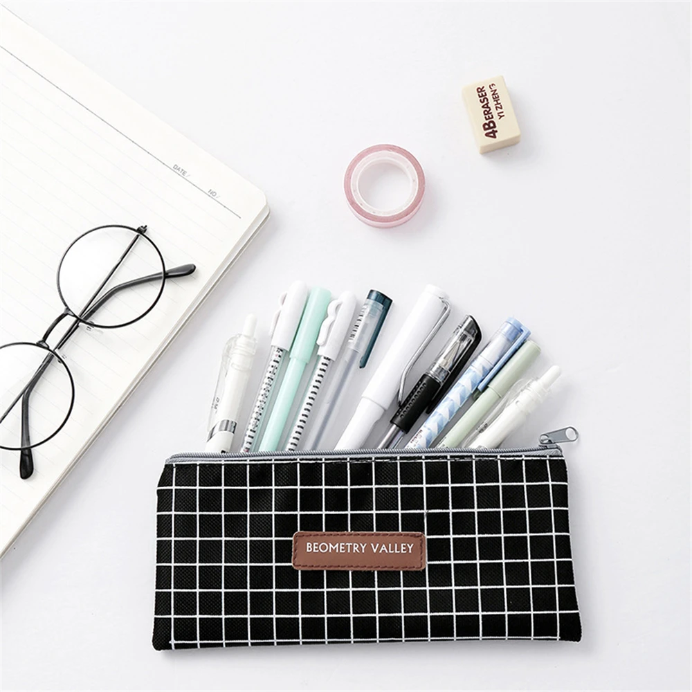 Geometry Grid Dot Pencil Case School Pen Case for Girls Boys Stationery Storage Organizer Bag Simple Canvas Pencil Storage Bag