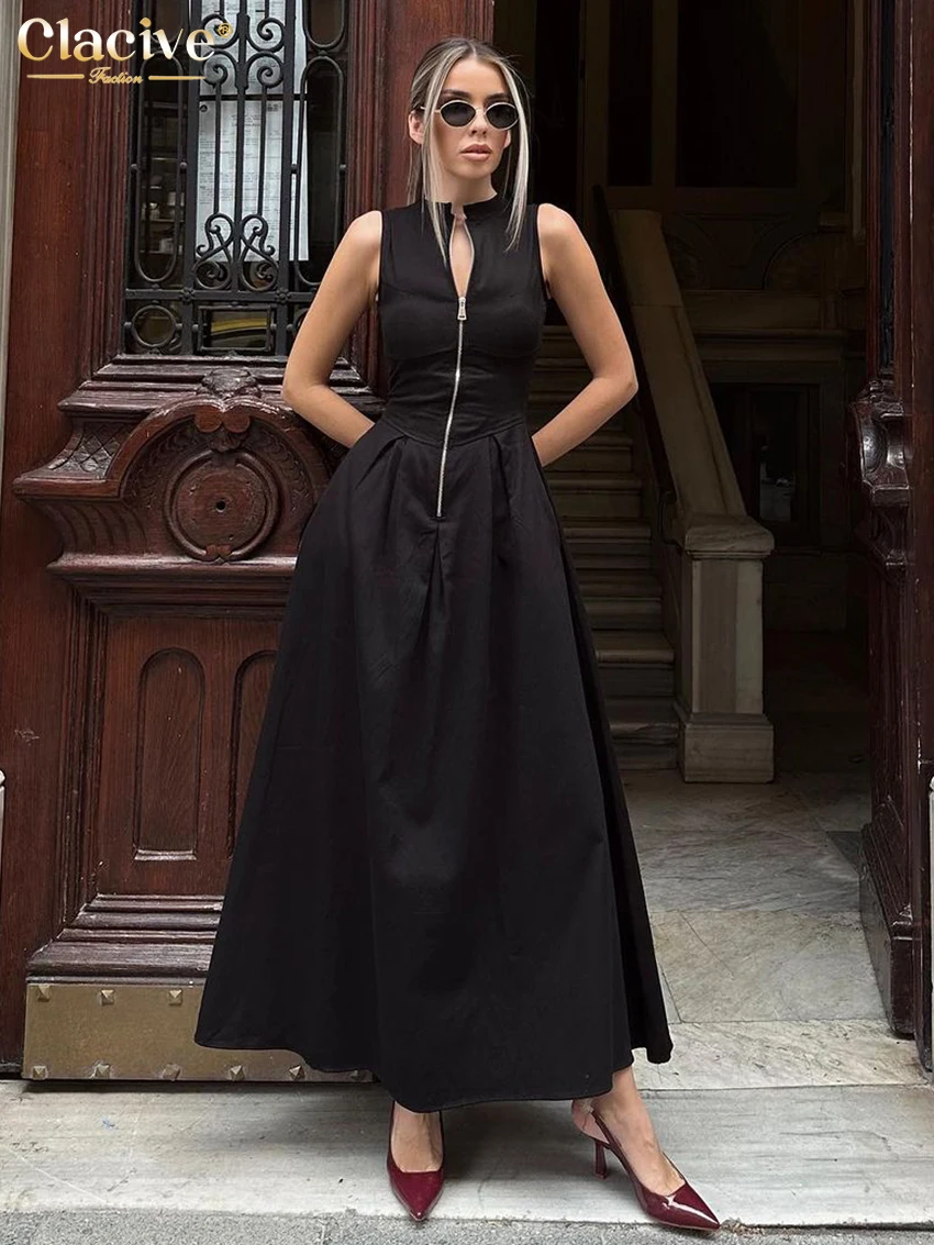 

Clacive Summer Slim Black Women's Dress Fashion O-Neck Sleeveless Ankle Length Dresses Elegant Classic High Waist Female Dress