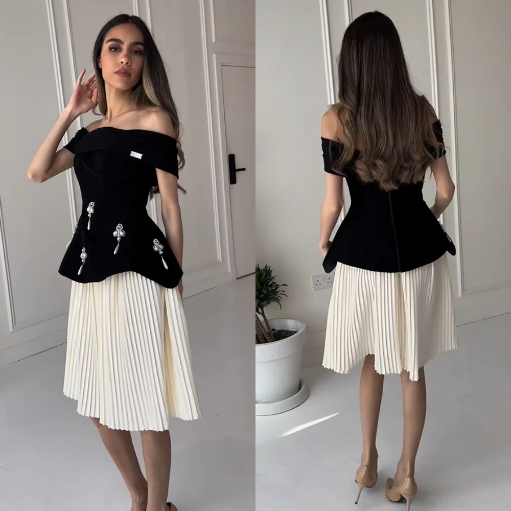 Ball Dress Saudi Arabia Prom Satin Pearl Celebrity A-line Boat Neck Bespoke Occasion Gown Knee Length Dresses