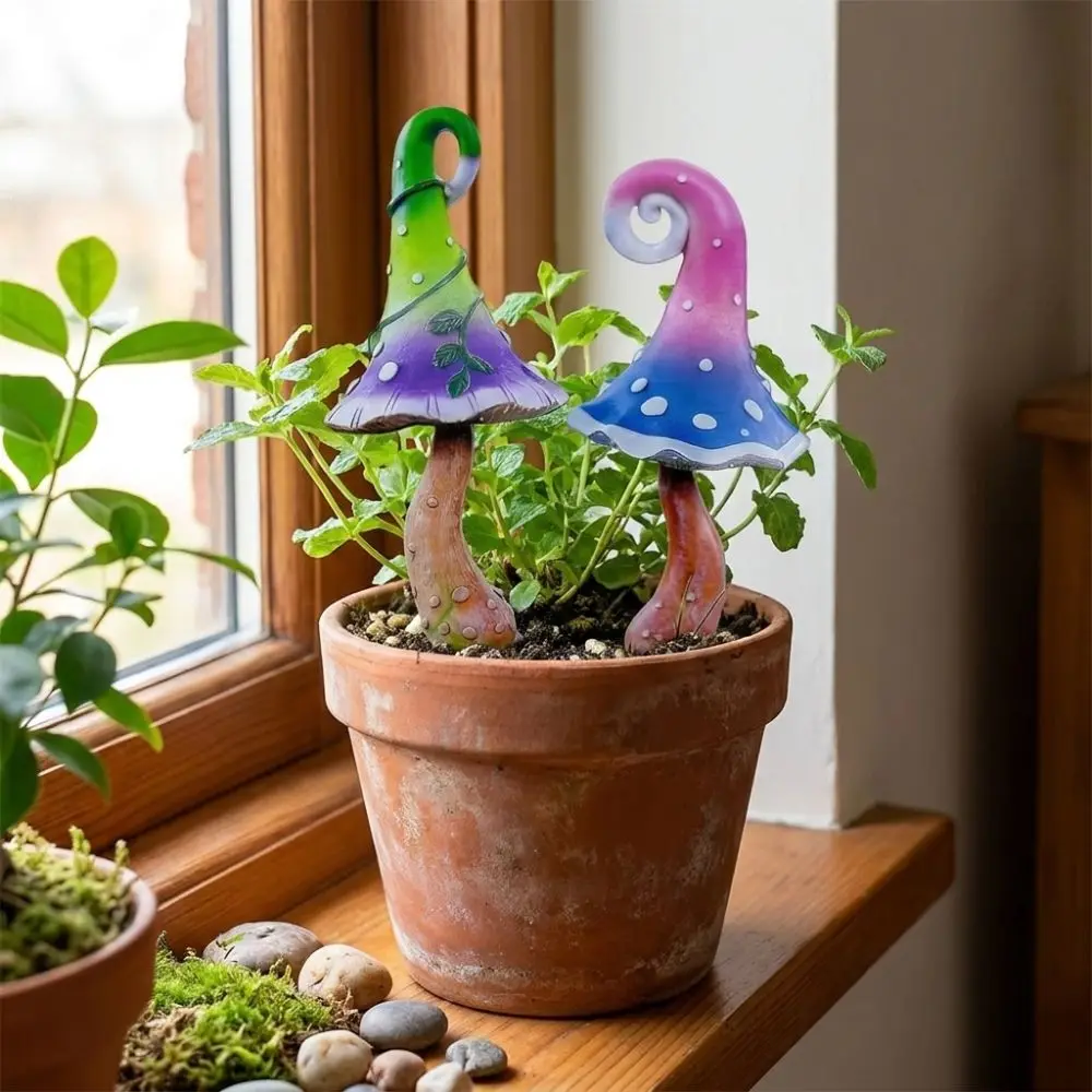 1 Pair 2D Flat Colorful Mushroom Metal Garden Stake Gradient Polka Dot Waterproof Fantasy Mushroom Decor Spike
