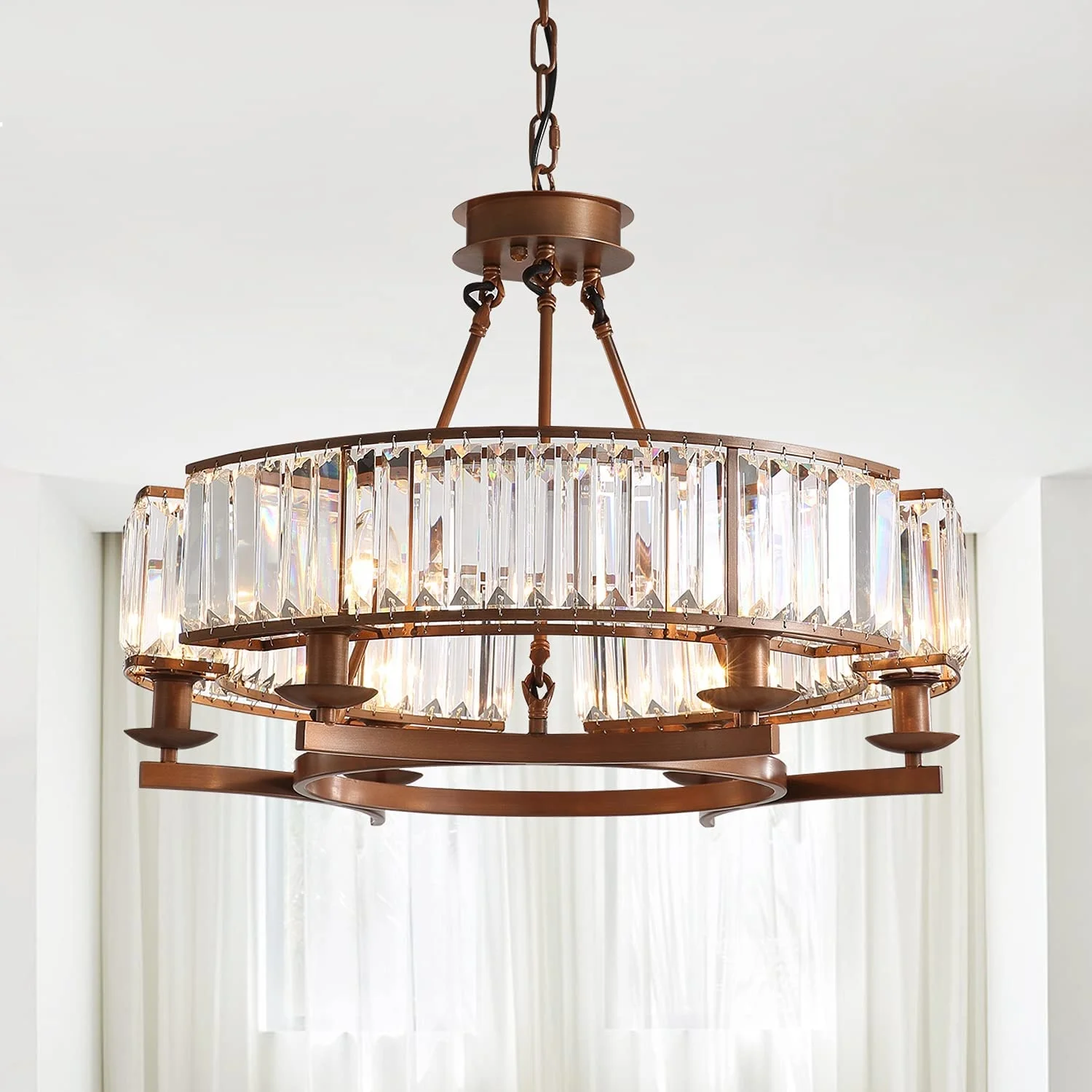 

6-Light Crystal Round Chandelier Ceiling Pendant Light Hanging Lighting Fixture for Living Dining Room Farmhouse Brown