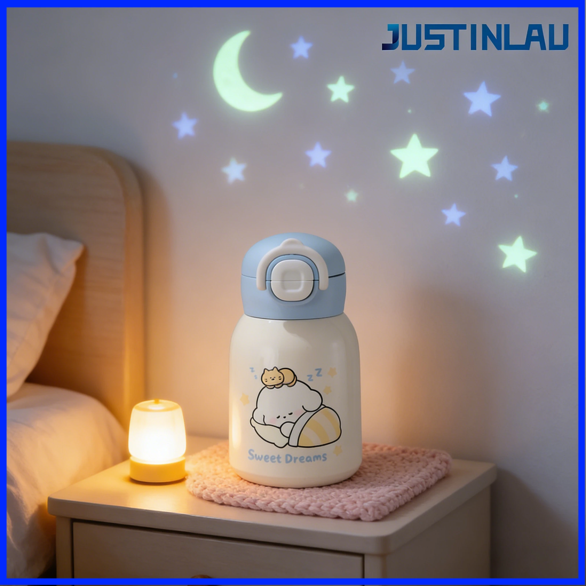 JUSTINLAU 500 ml süßer Doppeltrinkbecher aus Edelstahl 316, Strohbecher mit Tragering, Waterbattle, tragbar für Kinder
