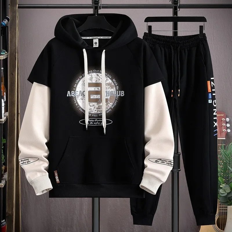 Autumn New Men's Oversized Hoodie Suit Color Blocked Hoodie Sweatpants 2-piece Set Designer Clothes Men Tracksuit M-5XL 2024