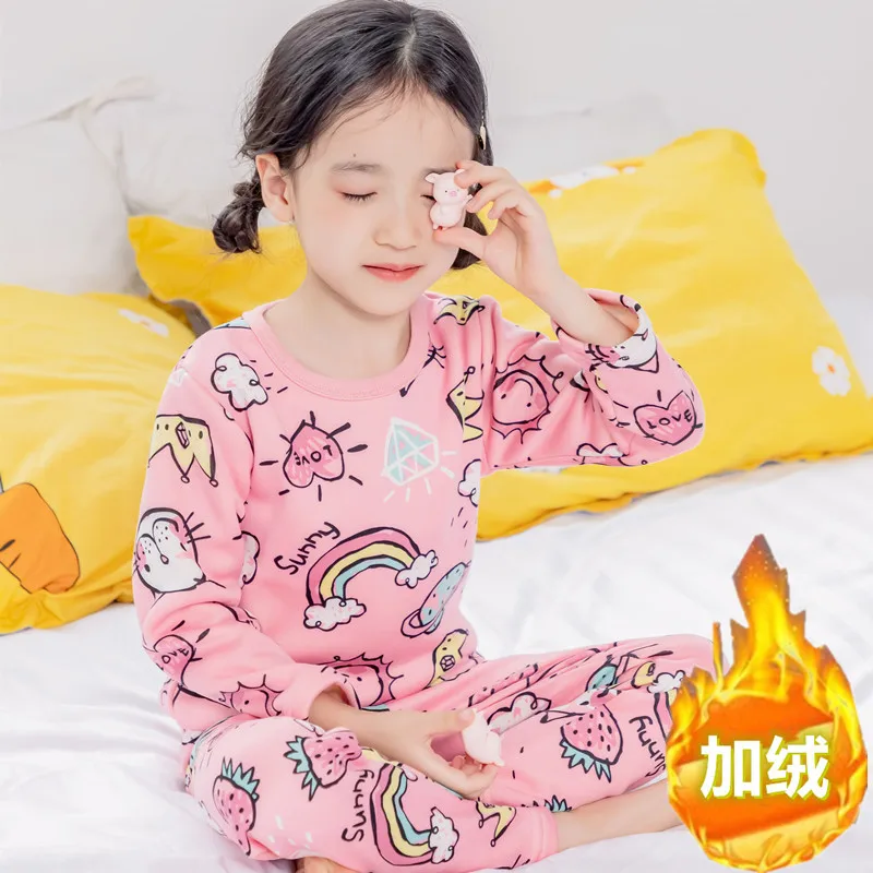 

2 to 15Y Children Thermal Underwear Set Fleece Single-layer Boys Girls Winter Clothes New Baby Cartoon Warm Pajamas Suit