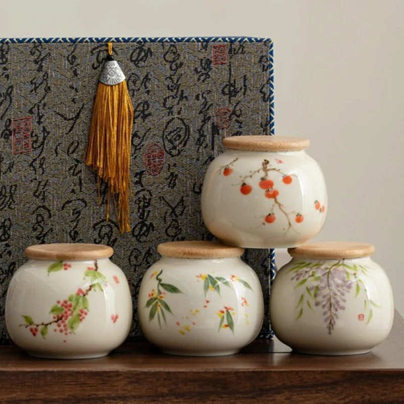 New Chinese Style Sealed Tea Storage Jar Hand Drawn Underglaze Color Tea Jar Secret Yellow Glazed Ceramic Moistureproof Portable