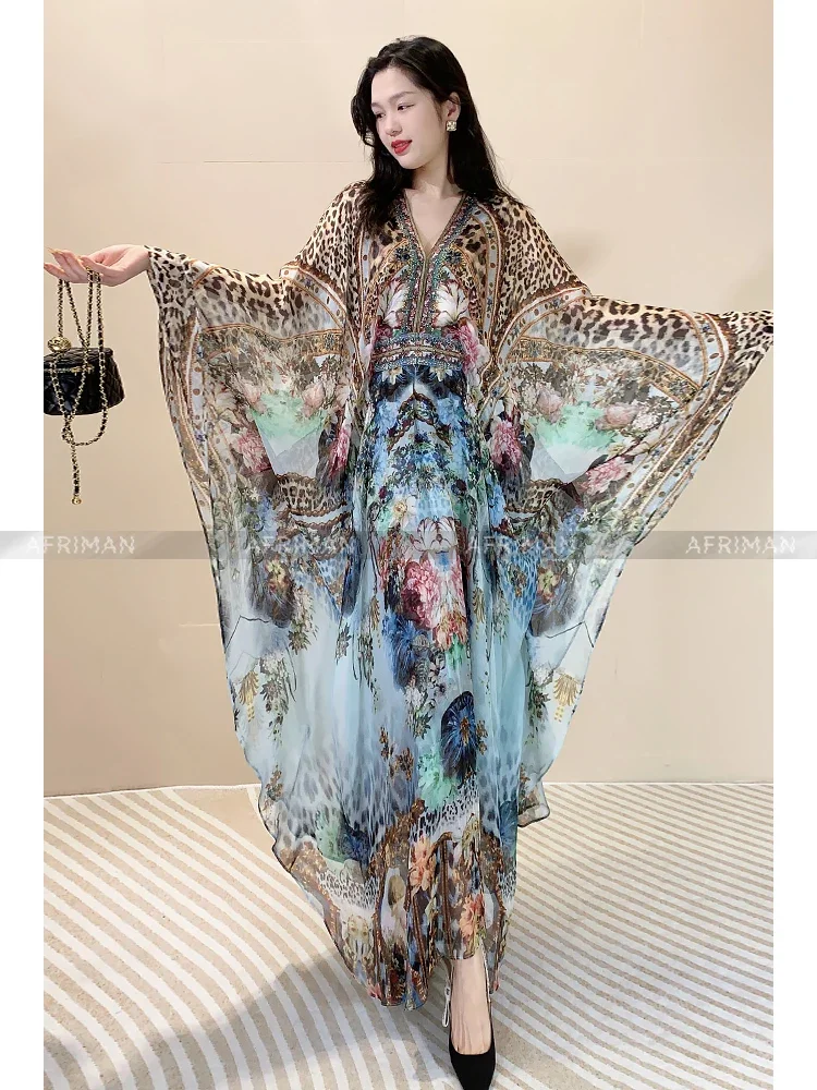 Women 100% Silk V Neck Heavy Beaded Big Flare Sleeve Leopard and Flower Print Loose Long Dress