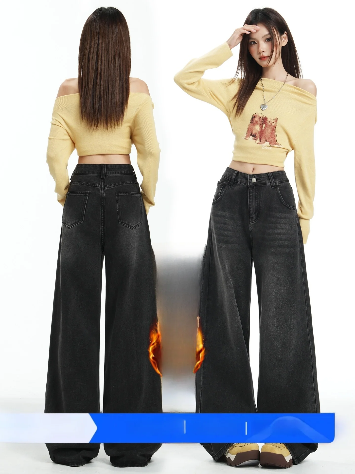 

High Waist Fleece Lined Wide Leg Jeans Women's Retro Style Bootcut Floor Length Pants Straight Cut Denim Trousers for Ladies