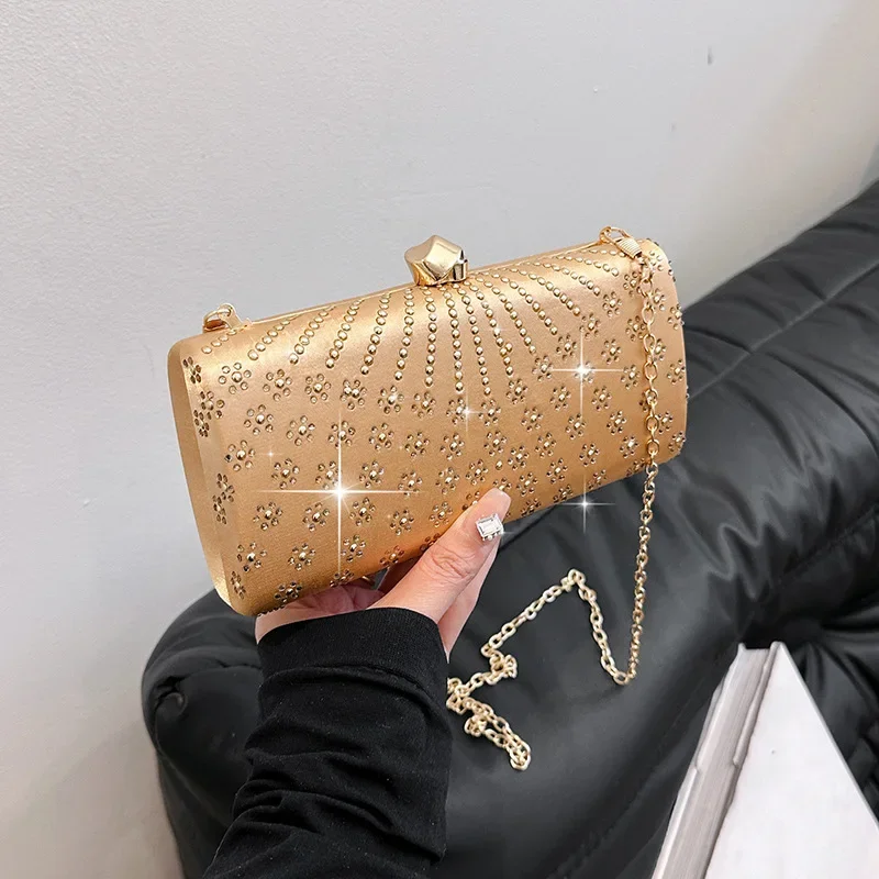 New Trendy Rhinestone Inlay Small Evening Bags For Women Gold Color Chain Shoulder Bags Prom Banquet Party Clutch Ladies Handbag