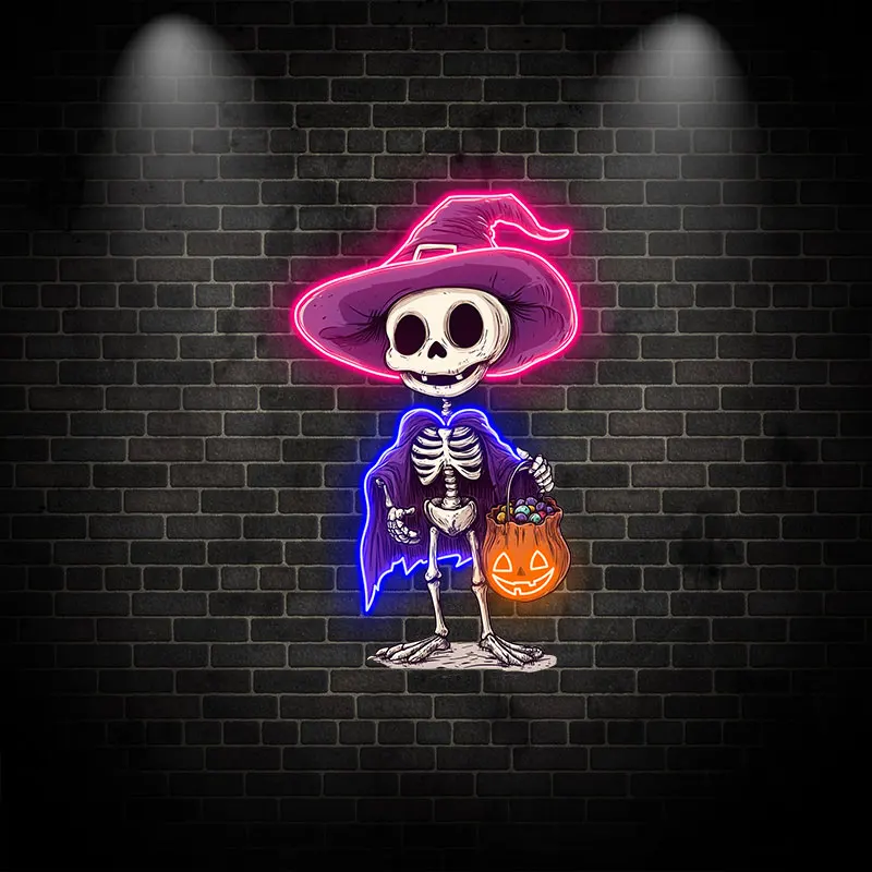 Spooky Skeleton Trick-or-Treat Neon Sign, Halloween Design with Witch Hat & Candy Pumpkin, Perfect for Party Decor,Haunted House