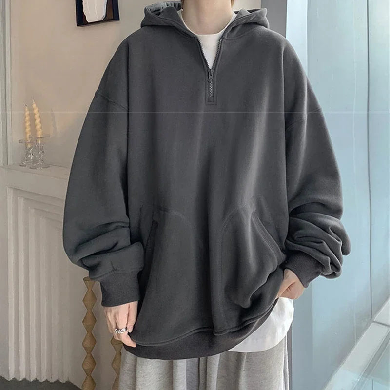 New Half Zipper Pullover Y2K Hoodies For Men Autumn Fleece Streetwear Oversize Hooded Sweatshirt Vintage Hoody Tracksuit Clothes