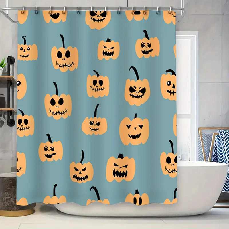 Blue Halloween-themed pumpkin shower curtain with spooky faces perfect for a haunted house!