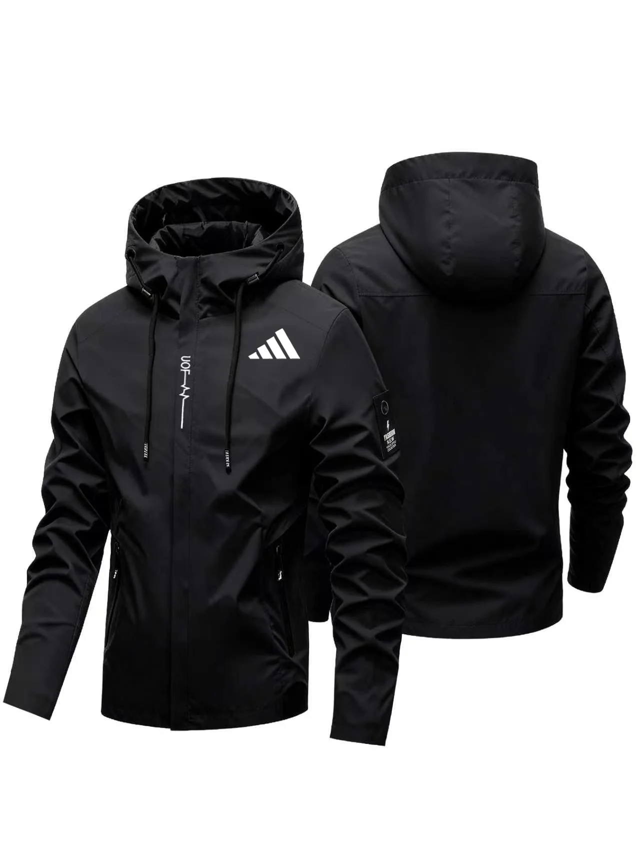 2026 Men Three Stripe Triangle Print Hooded Jacket Outdoor Windbreaker Male Zip Up Windproof Coat Casual Streetwear Outerwear