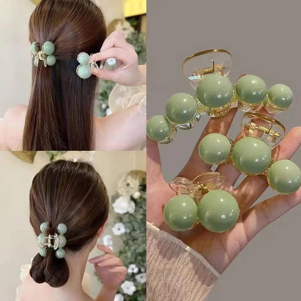 Garras elegantes do cabelo da pérola para mulheres, grampos verdes finos, acessórios plásticos do headwear das meninas, suporte do rabo de cavalo, moda, R5U8, 1Pc