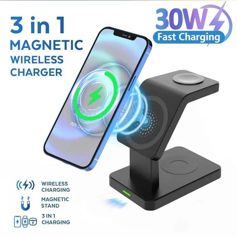 Magnetic Wireless Charger Stand 3 in 1 Fast Charging Station Dock for iPhone 15 14 13 12 11 Pro Max Apple Watch 5 6 7 8  AirPods